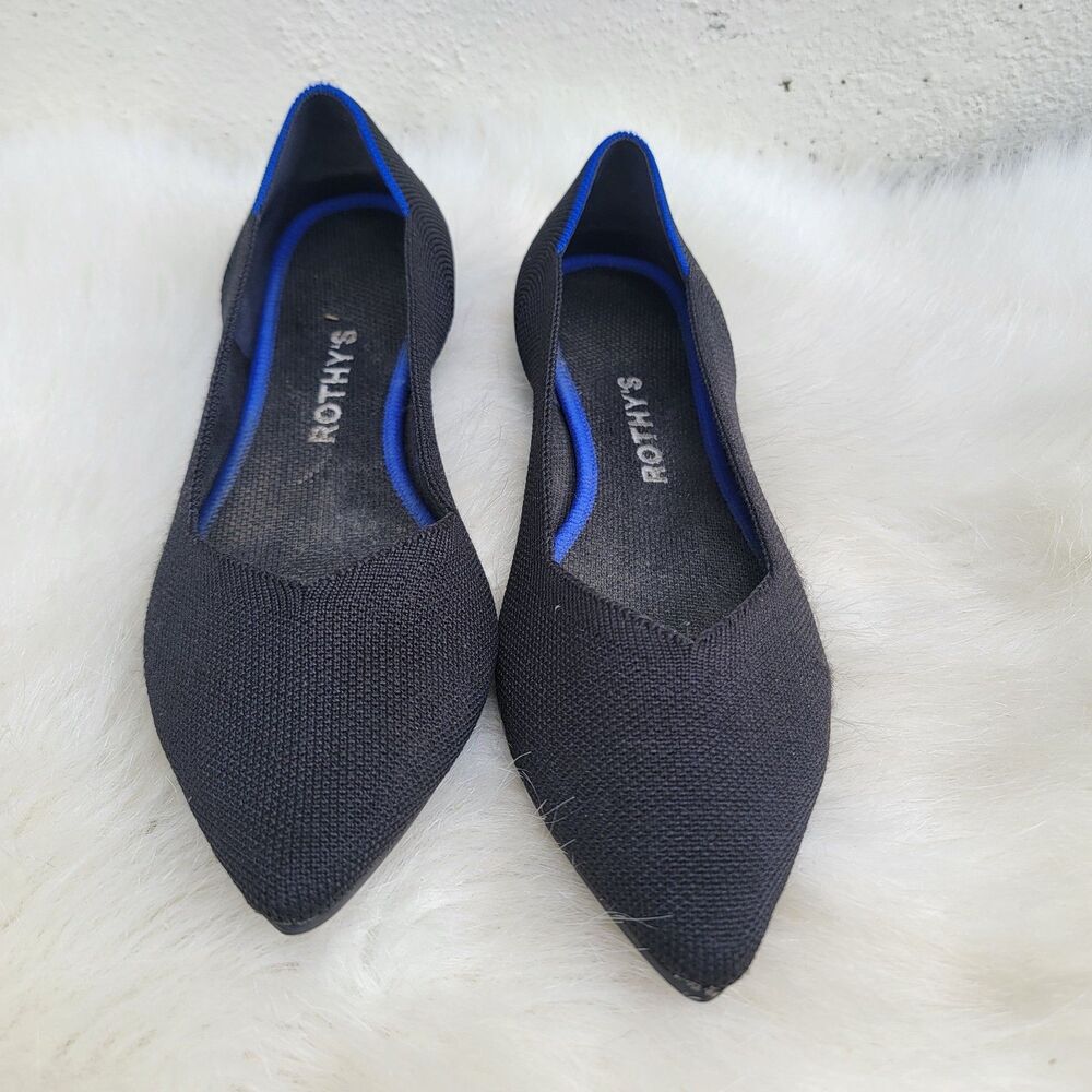 Rothy's The Point Slip On Flats Ballet Shoes Black Blue Knit Fabric Women 8